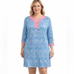NWT Caribbean Joe Blue Pink Ikat Print Splitneck Shift Dress sze L 3/4 Sleeves